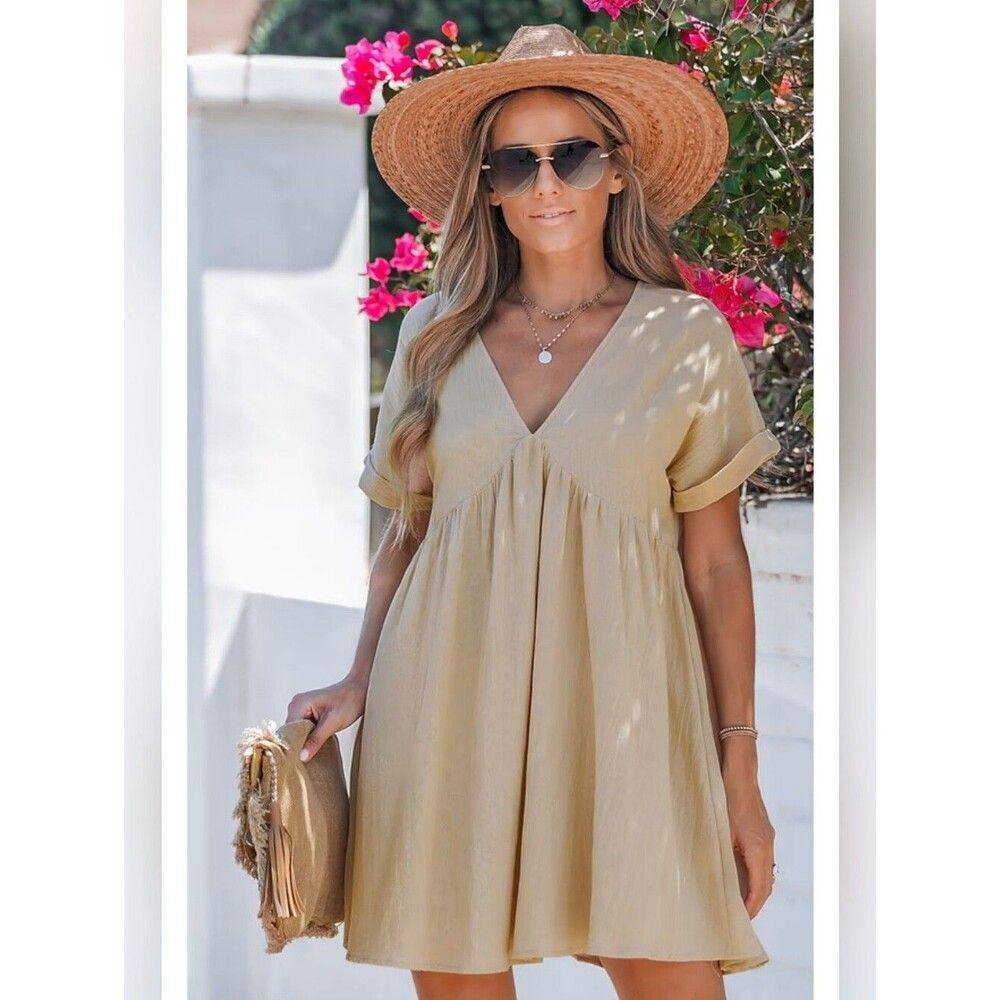 NWT L Cupshe Apricot V-Neck Mini Dress 3914-